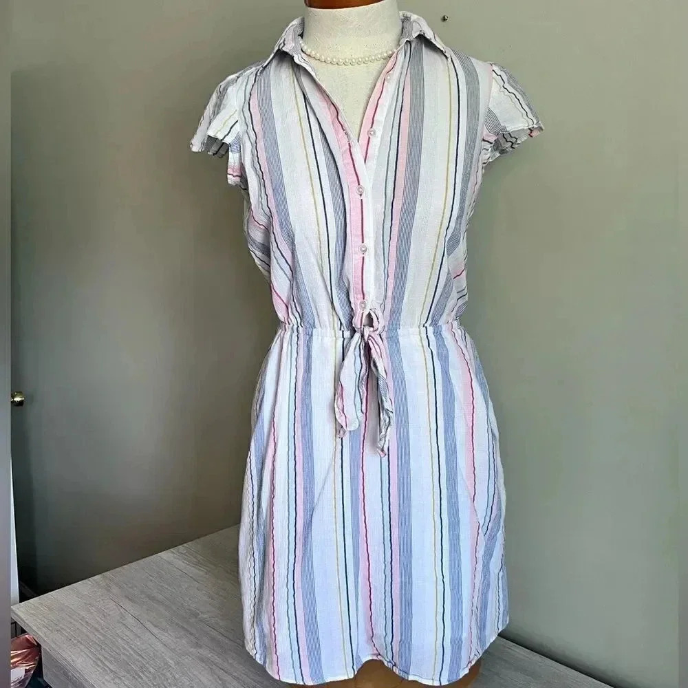 J.Crew Mercantile Rainbow Seersucker Collared Tie Front Dress Size XXS - Picture 2 of 13